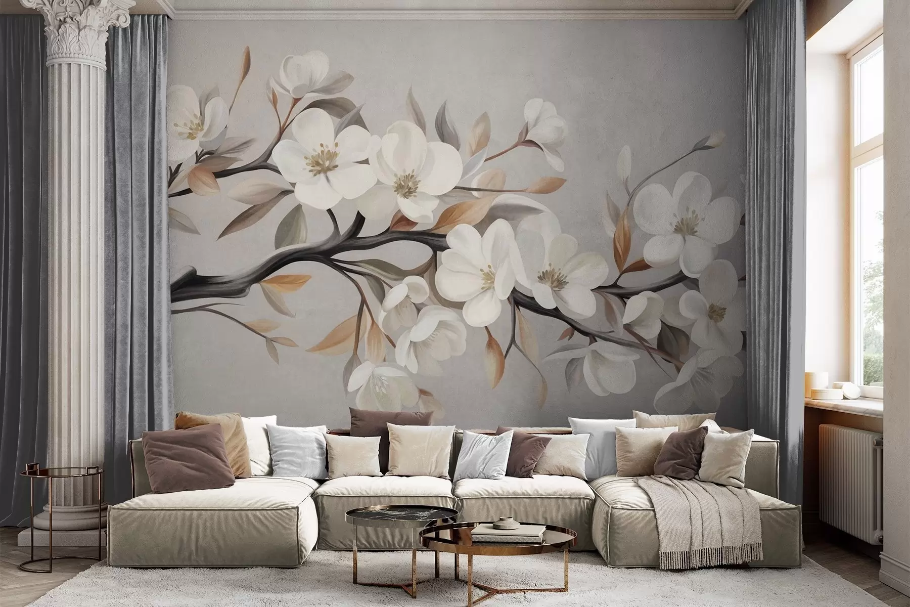 wall murals Текстурирана грана са белим цветовима и смеђим листовима на светло сивој позадини w09817
