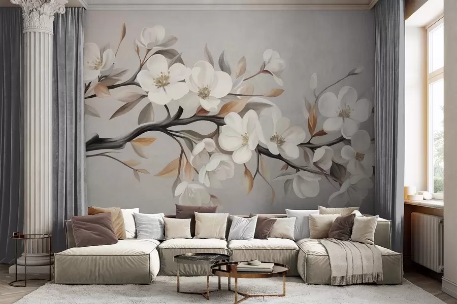 wall murals Текстурирана грана са белим цветовима и смеђим листовима на светло сивој позадини w09817
