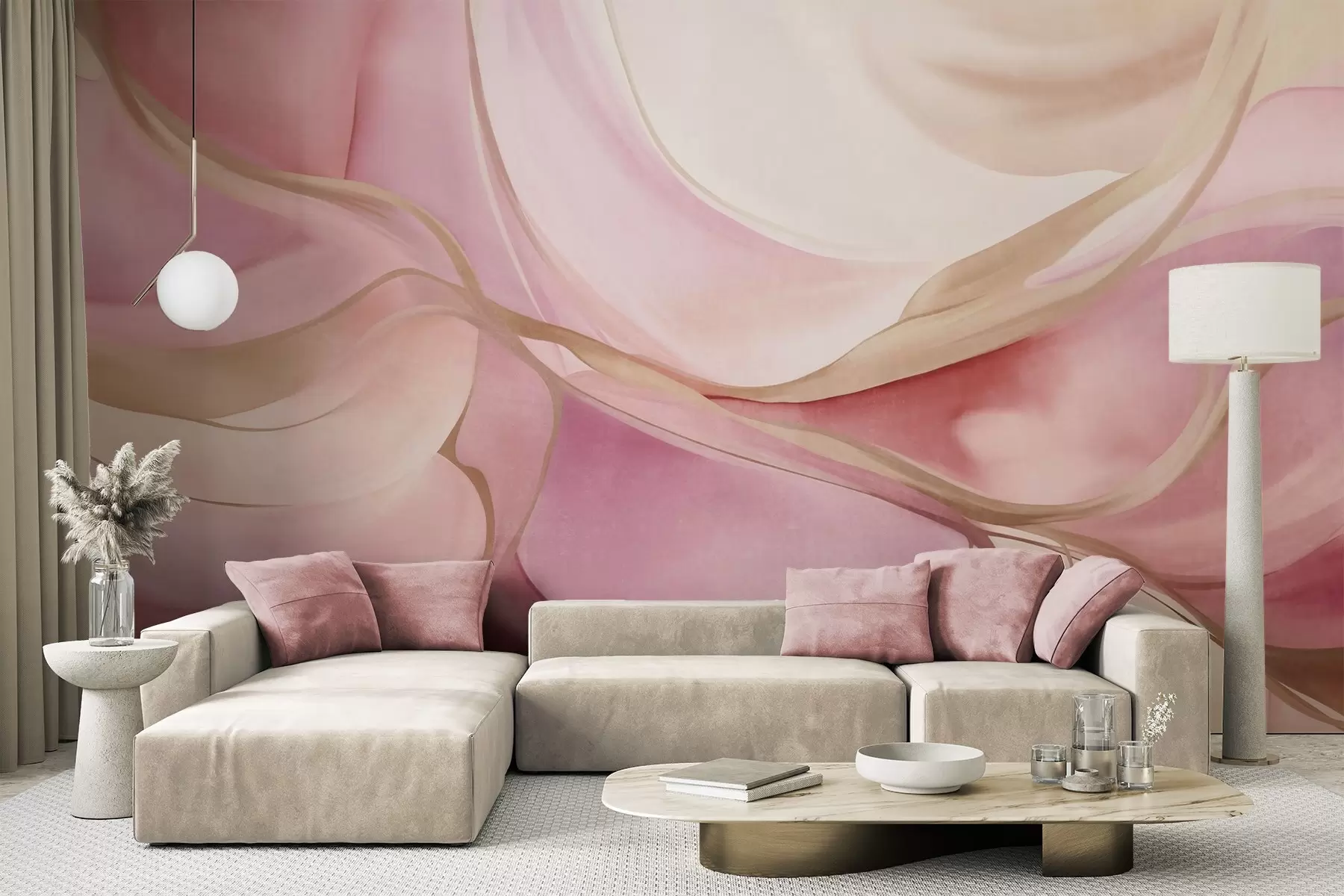 wall murals Апстрактни текстурирани течни облици у нијансама ружичасте и беж боје са нежним жутим линијама w09818