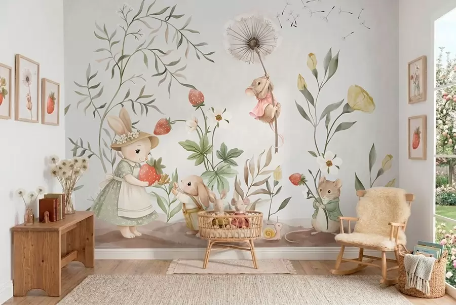 wall murals Дечја илустрација зеке, миша међу биљкама и цвећем w05422