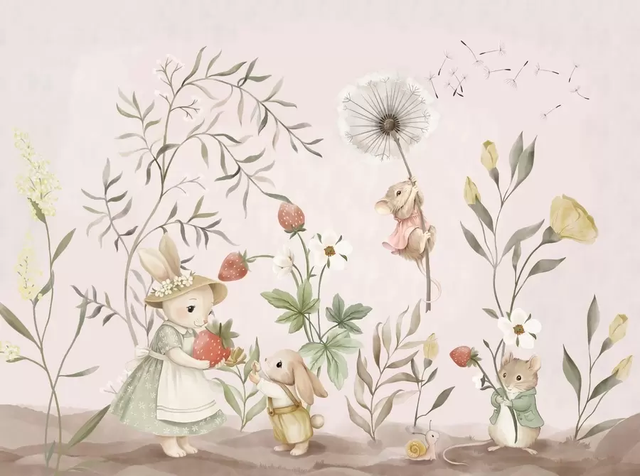 wall murals Илустрација животиња са јагодама на нежно ружичастој позадини w05422v1