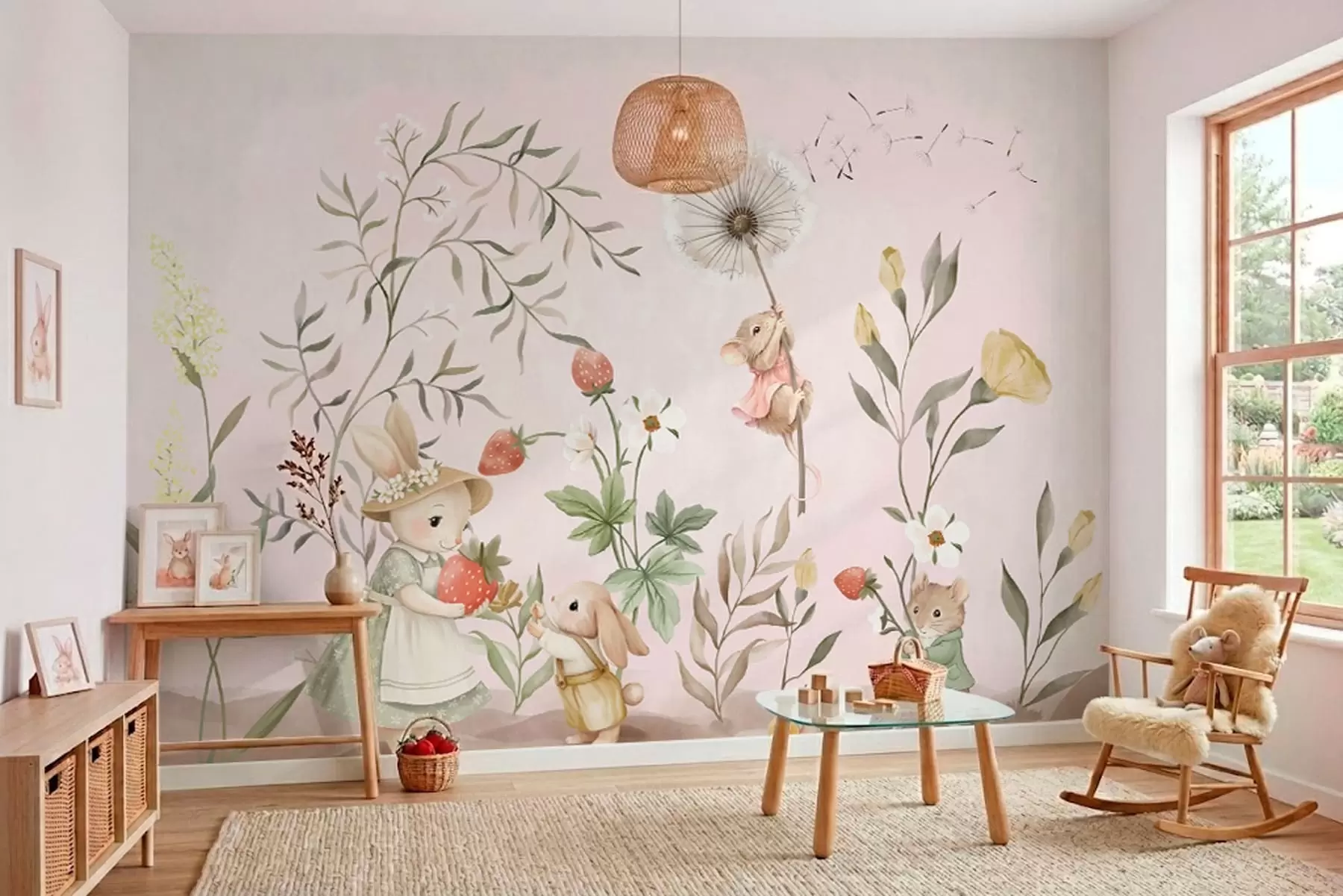 wall murals Илустрација животиња са јагодама на нежно ружичастој позадини w05422v1