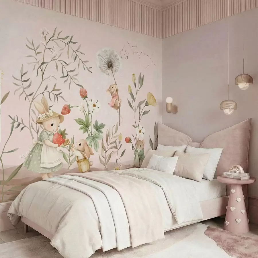 wall murals Илустрација животиња са јагодама на нежно ружичастој позадини w05422v1