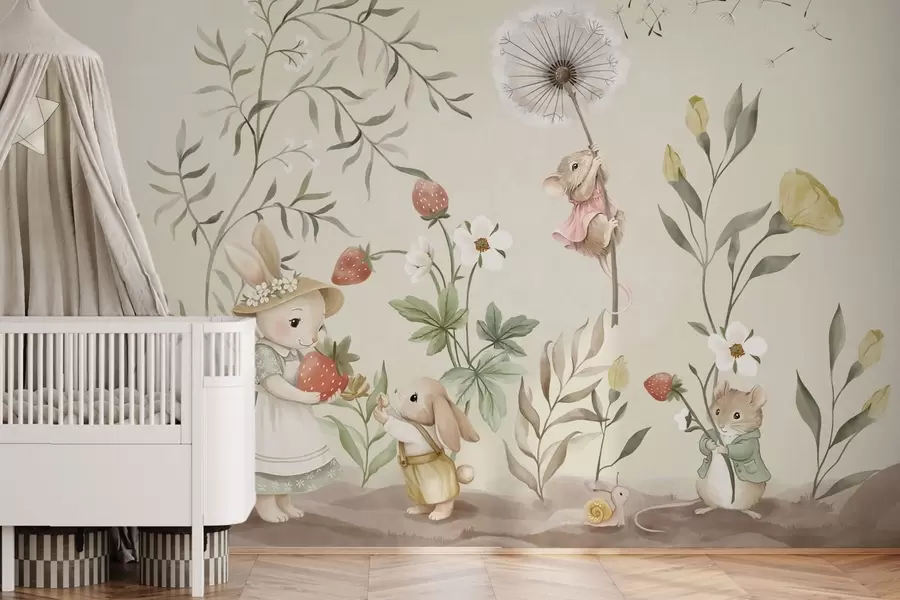 wall murals Илустрација зеца, миша и биљака са јагодама w05422v2