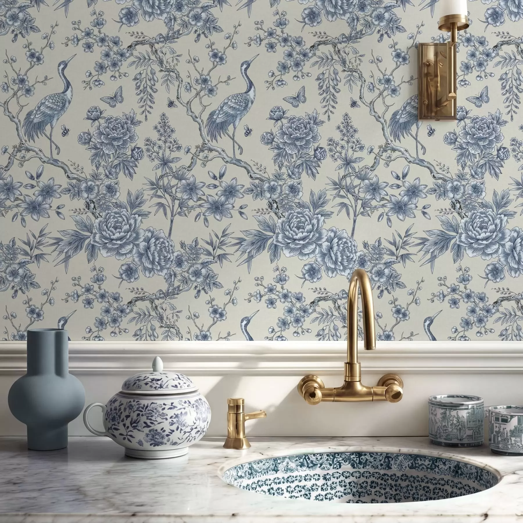 wall murals Плави цветни орнамент са птицом и гранама a01132