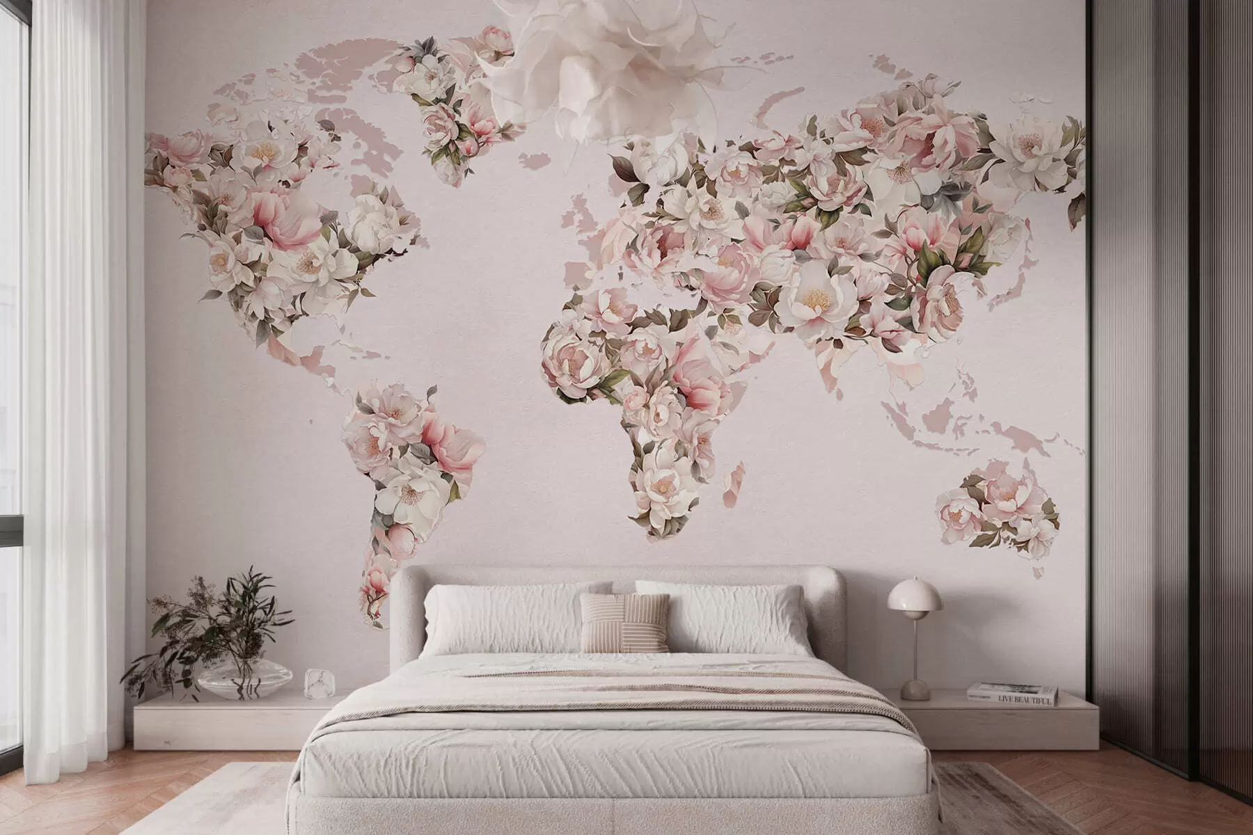 wall murals Ружичаста мапа света направљена од великих белих и ружичастих божура c00005
