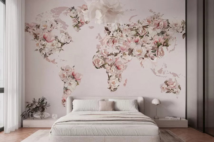 wall murals Ружичаста мапа света направљена од великих белих и ружичастих божура c00005