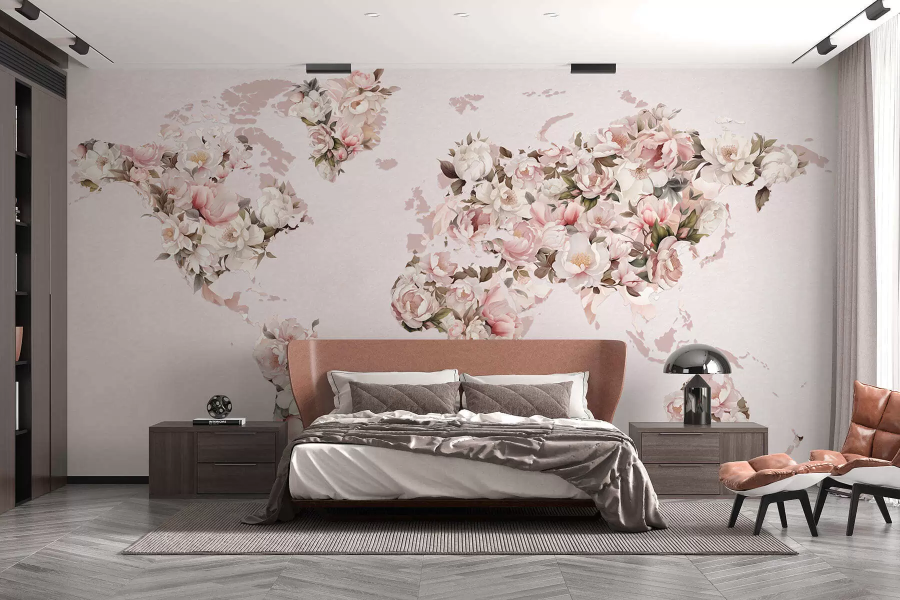 wall murals Ружичаста мапа света направљена од великих белих и ружичастих божура c00005