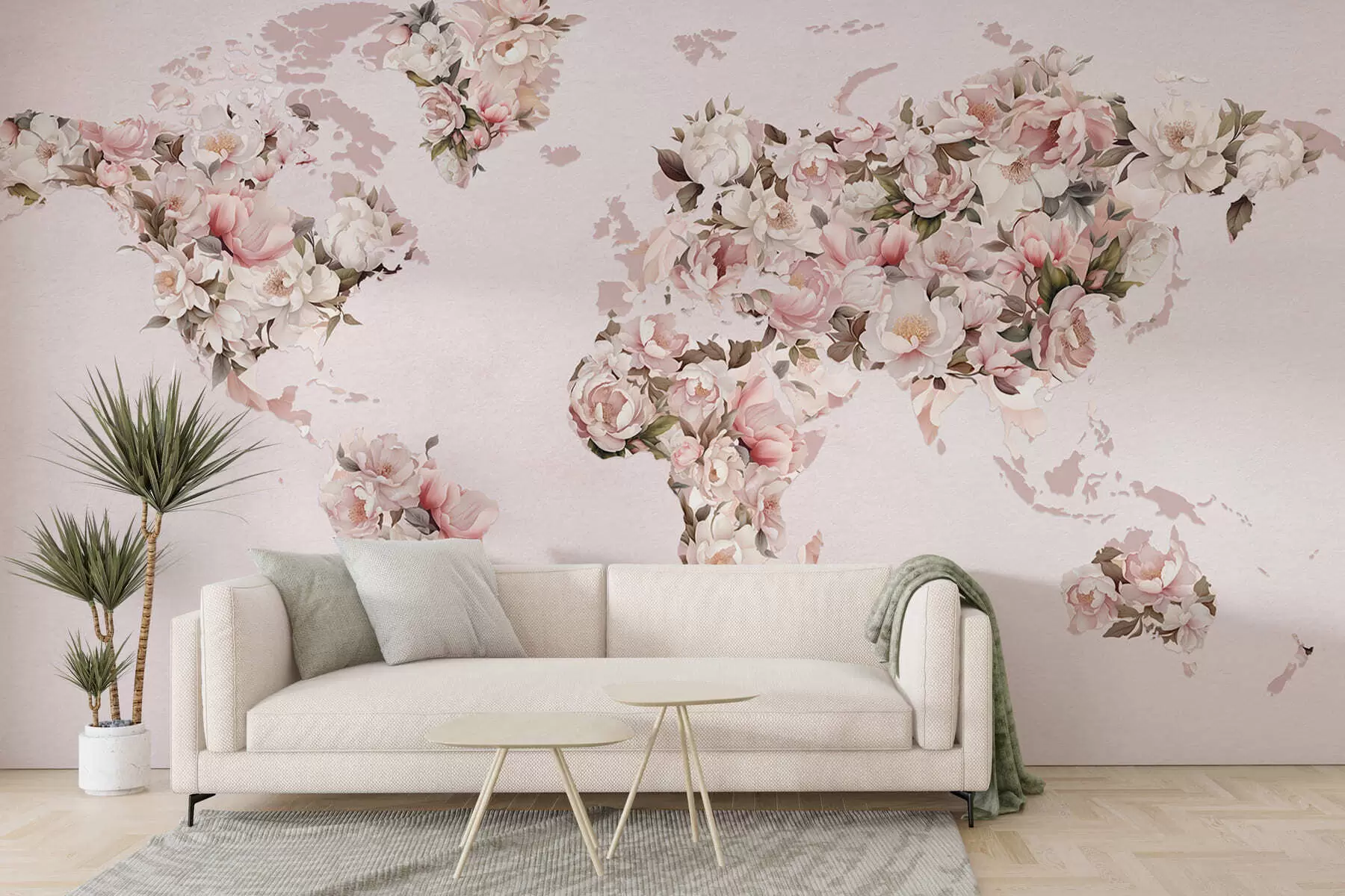 wall murals Ружичаста мапа света направљена од великих белих и ружичастих божура c00005