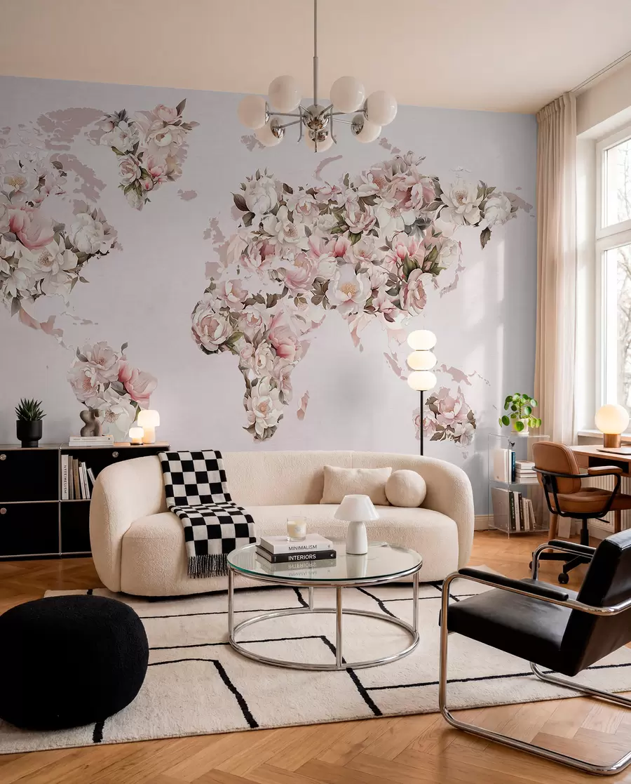 wall murals Ружичаста мапа света направљена од великих белих и ружичастих божура c00005