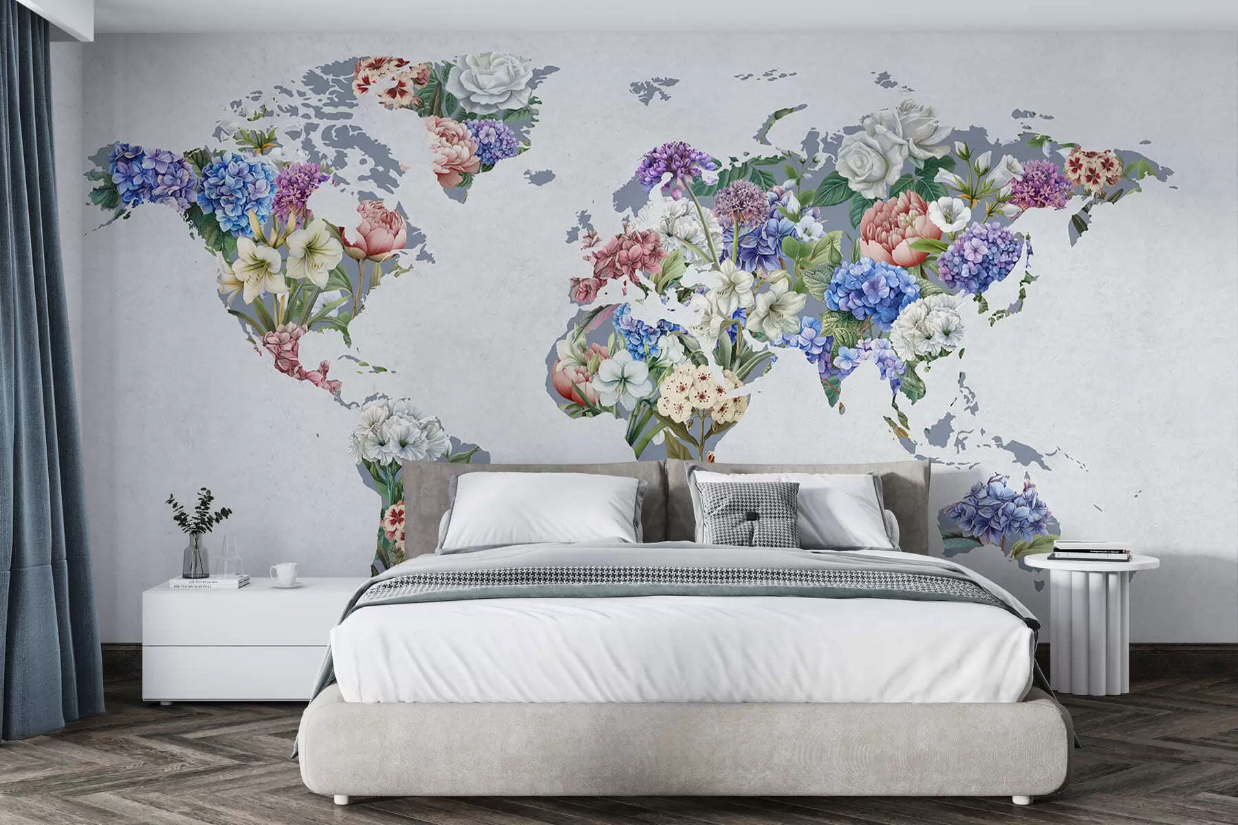 wall murals Шарена мапа света направљена од разних живописних цветова c00006