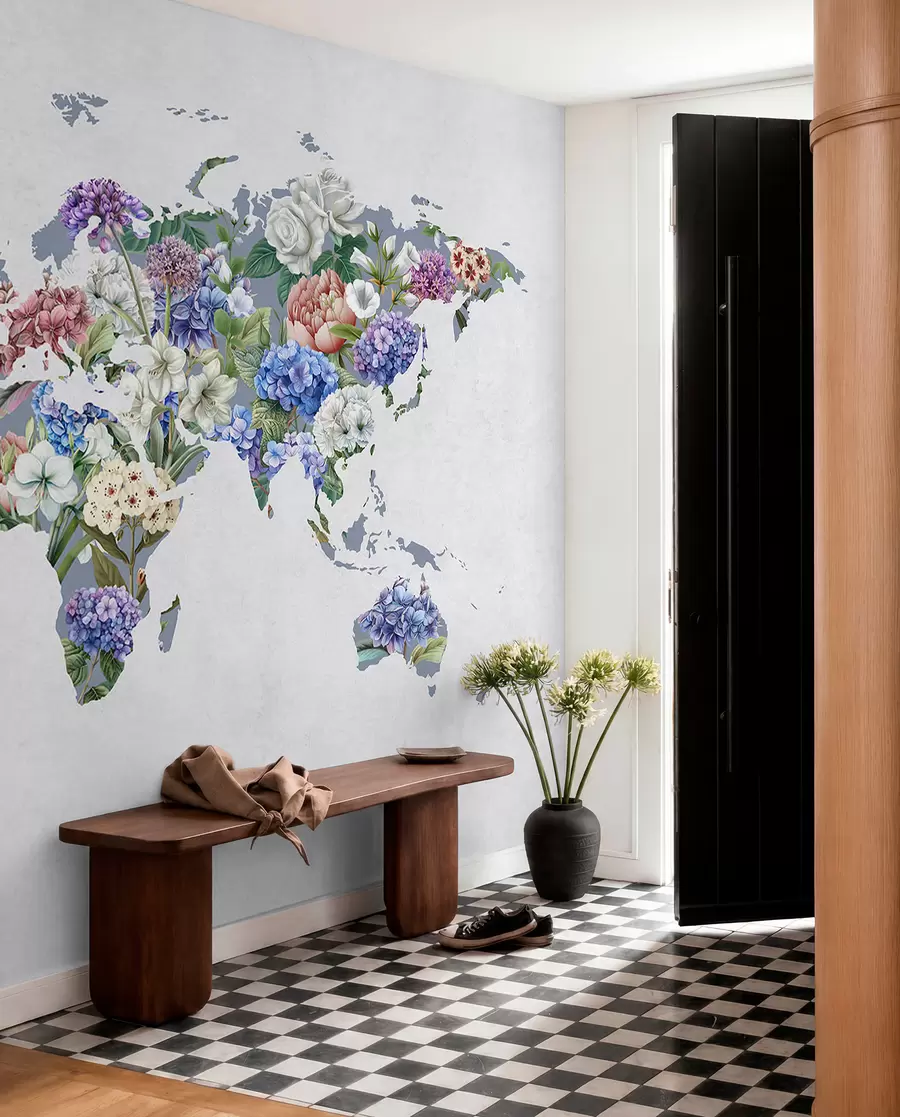 wall murals Шарена мапа света направљена од разних живописних цветова c00006