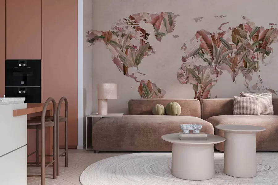 wall murals Ружичаста мапа света направљена од листова банане c00007v2