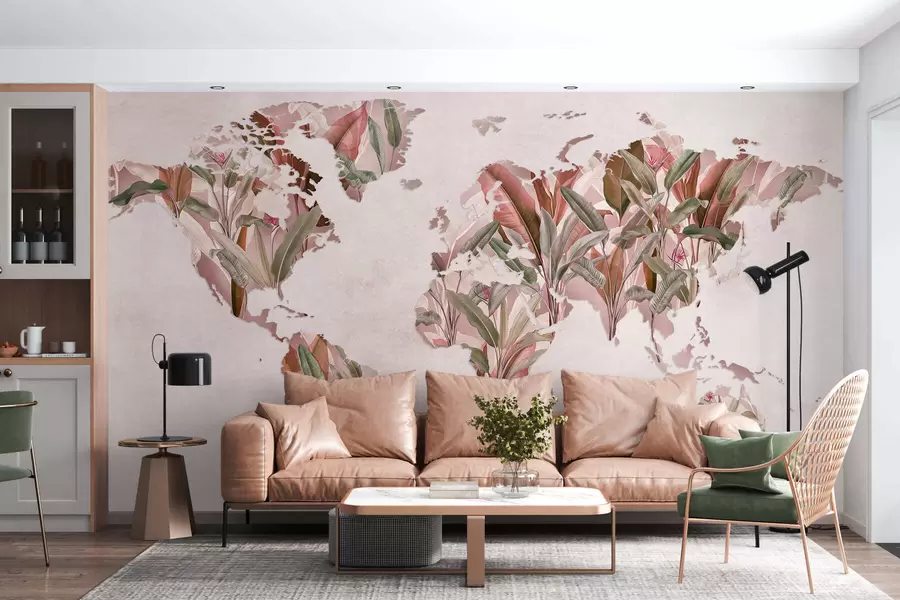 wall murals Ружичаста мапа света направљена од листова банане c00007v2