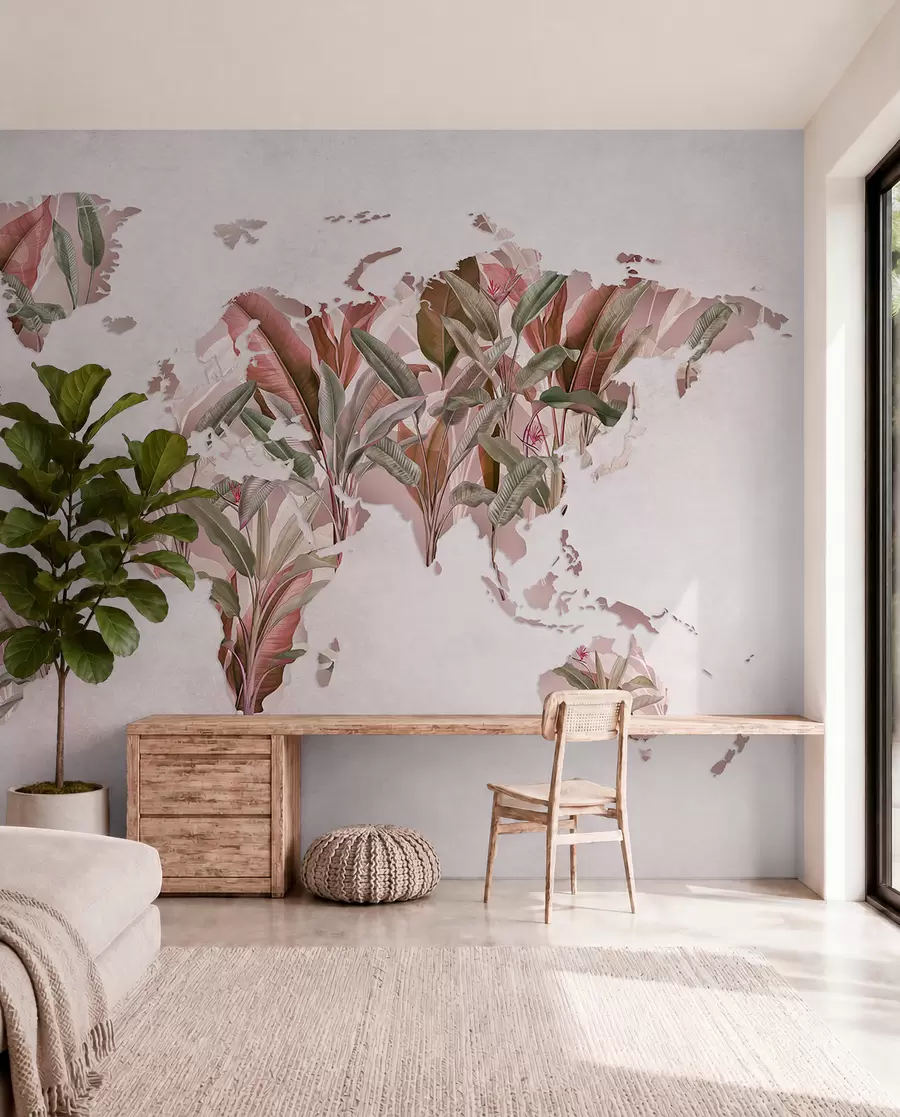 wall murals Ружичаста мапа света направљена од листова банане c00007v2