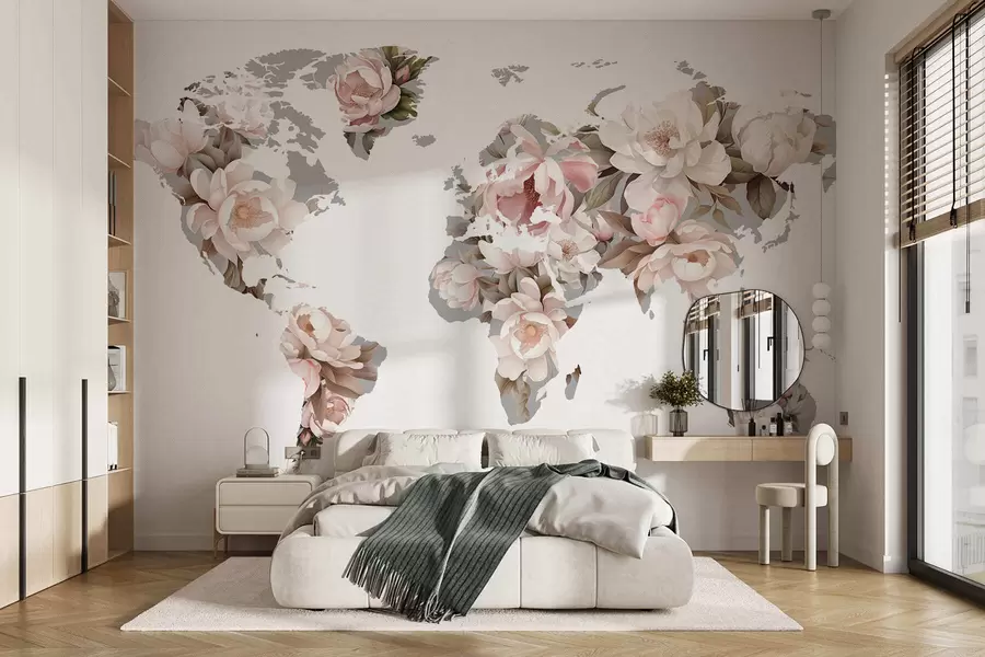 wall murals Нежна, кремаста мапа света направљена од цвећа c00008