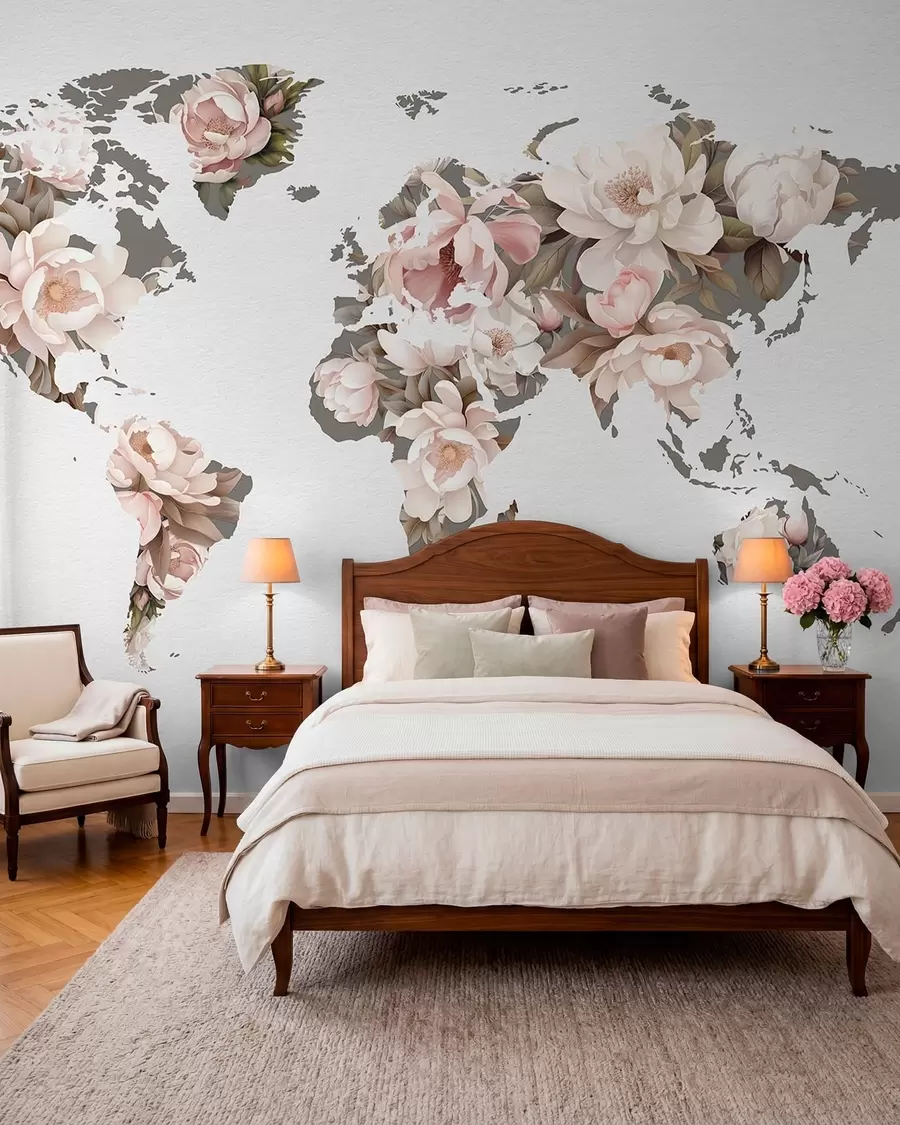 wall murals Нежна, кремаста мапа света направљена од цвећа c00008