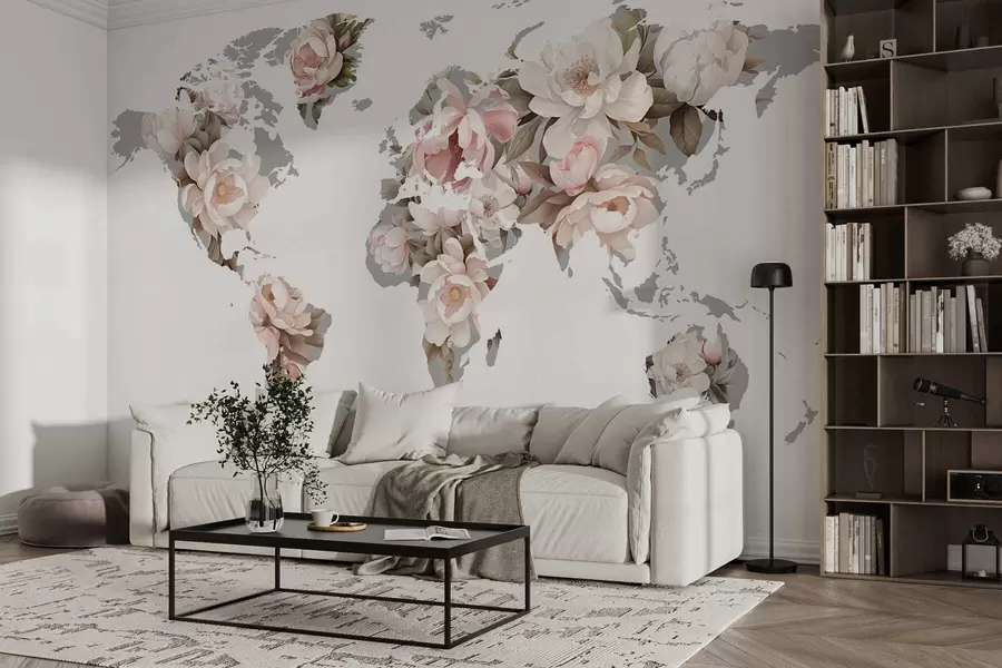 wall murals Нежна, кремаста мапа света направљена од цвећа c00008