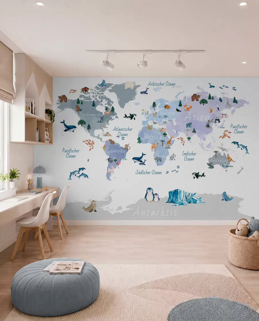 wall murals Плава мапа у акварелу са животињама, биљкама и архитектуром. Ознаке на немачком језику. c00009dev1