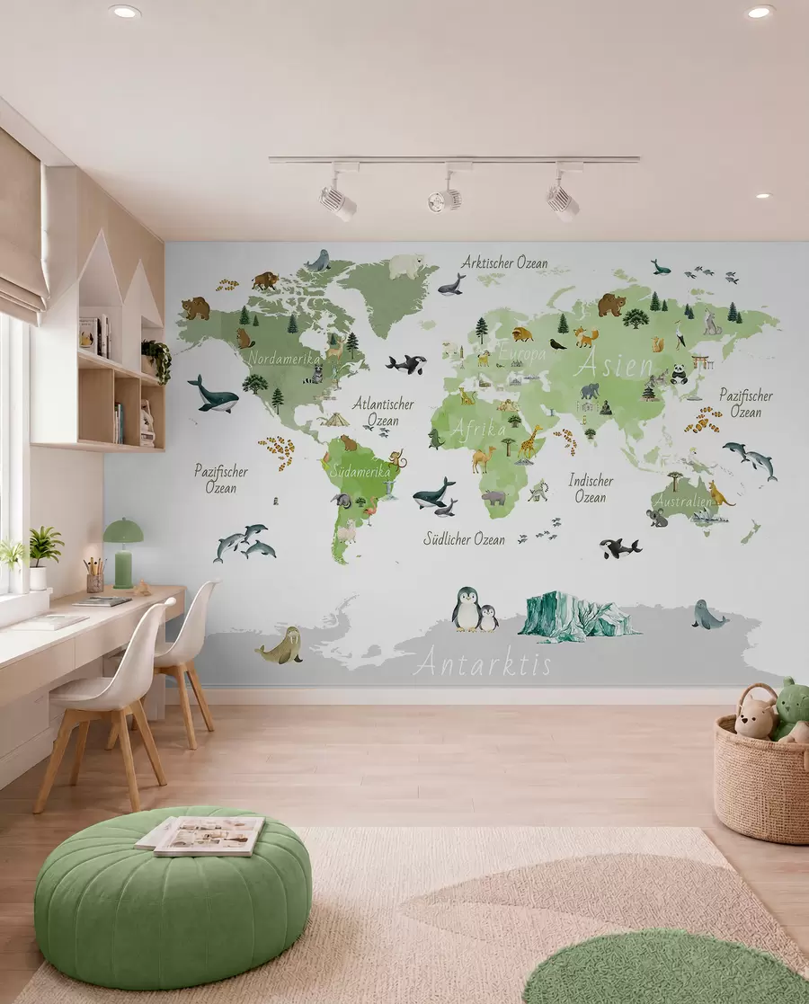 wall murals Зелена мапа у акварелу са животињама, биљкама и архитектуром. Ознаке на немачком језику. c00009dev2