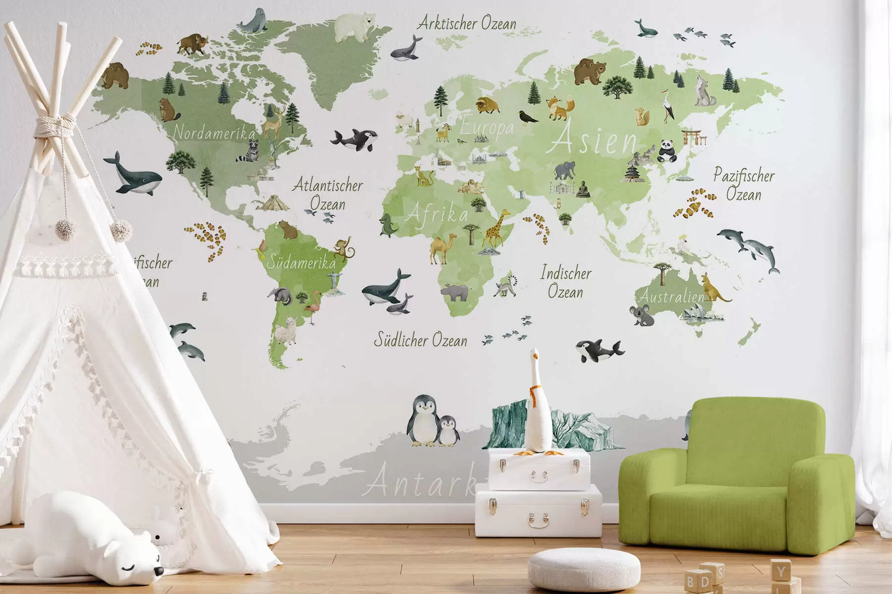 wall murals Зелена мапа у акварелу са животињама, биљкама и архитектуром. Ознаке на немачком језику. c00009dev2