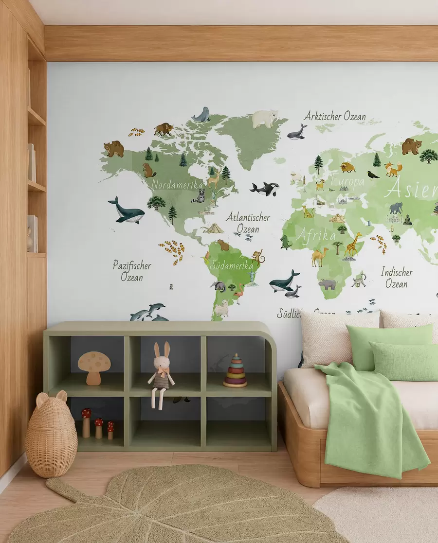 wall murals Зелена мапа у акварелу са животињама, биљкама и архитектуром. Ознаке на немачком језику. c00009dev2