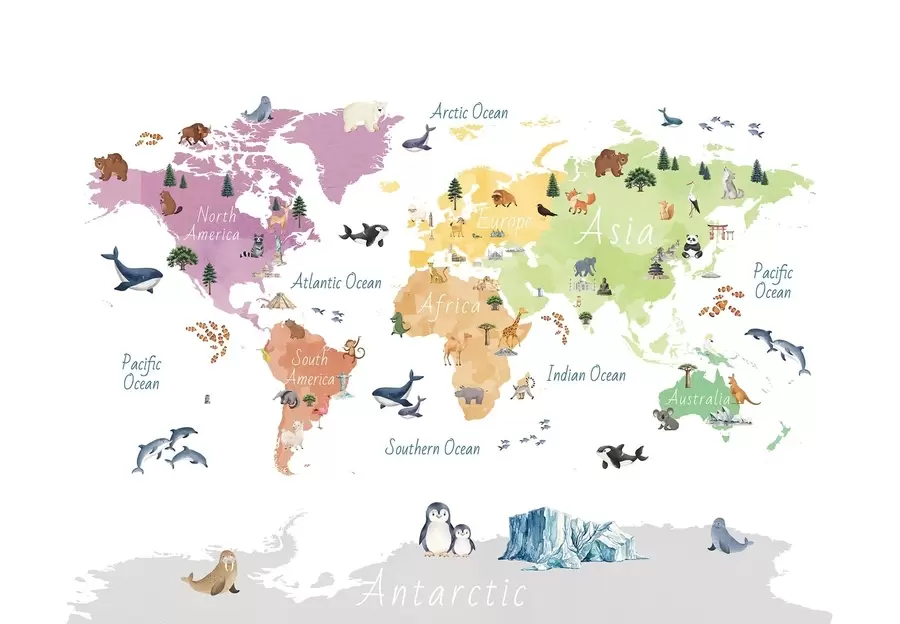 wall murals Мапа у боји у акварел стилу са животињама, биљкама и архитектуром. Ознаке на енглеском језику. c00009en