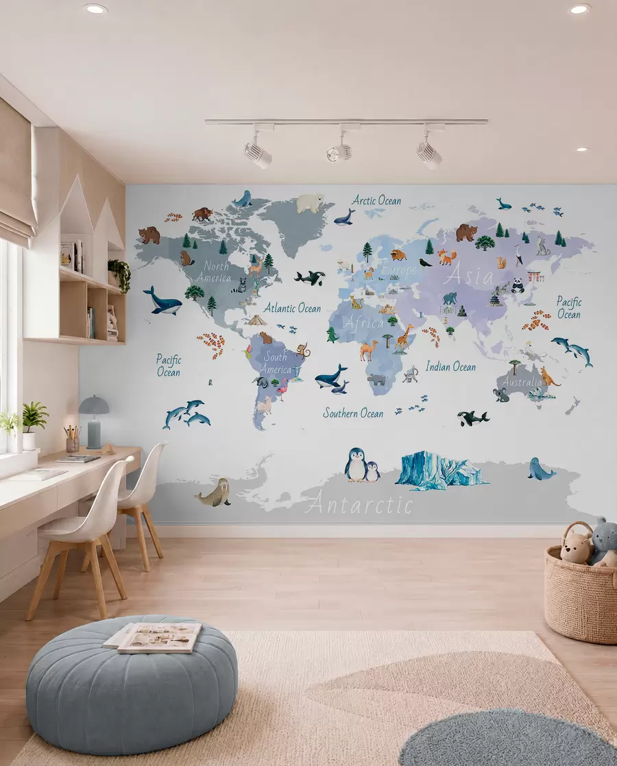 wall murals Плава мапа у акварелу са животињама, биљкама и архитектуром. Ознаке на енглеском језику. c00009env1