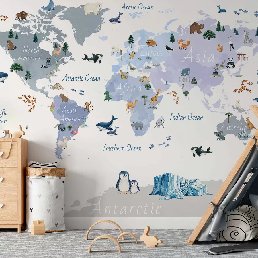 wall murals Плава мапа у акварелу са животињама, биљкама и архитектуром. Ознаке на енглеском језику. c00009env1