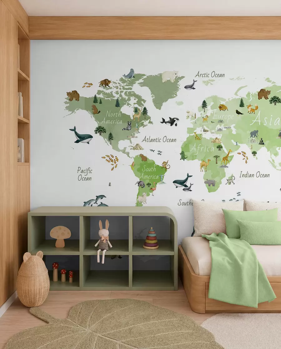 wall murals Зелена мапа у акварелу са животињама, биљкама и архитектуром. Ознаке на енглеском језику. c00009env2