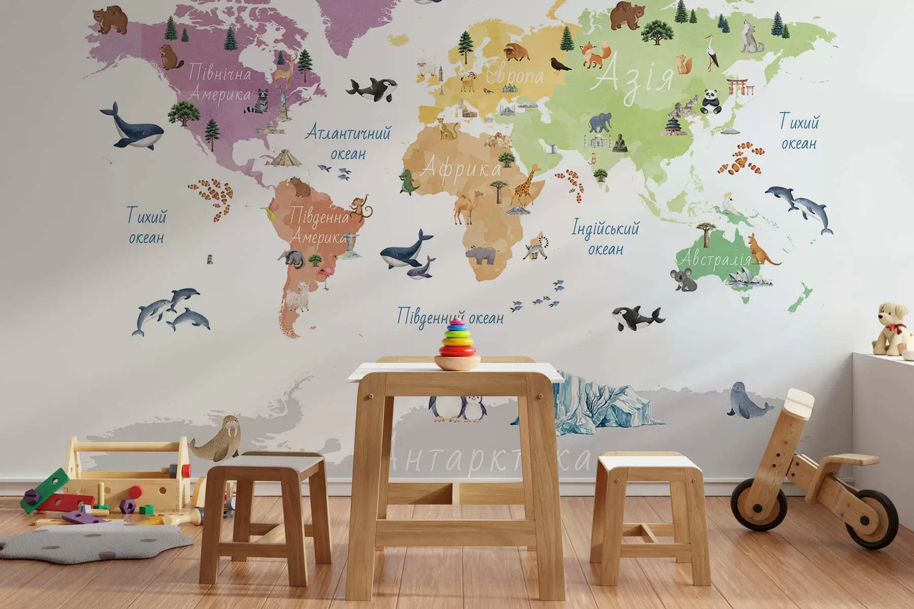 wall murals Мапа у боји у акварелу са животињама, биљкама и архитектуром. Ознаке на украјинском језику. c00009uk