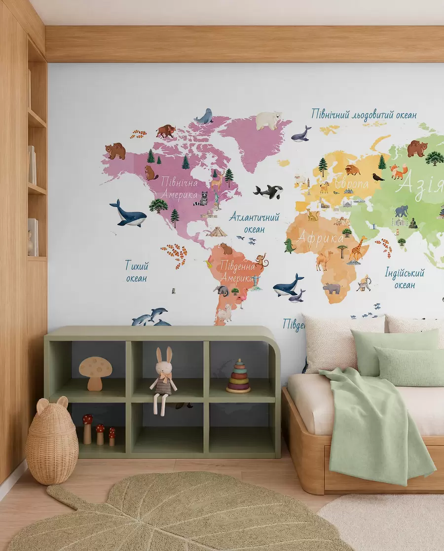wall murals Мапа у боји у акварелу са животињама, биљкама и архитектуром. Ознаке на украјинском језику. c00009uk