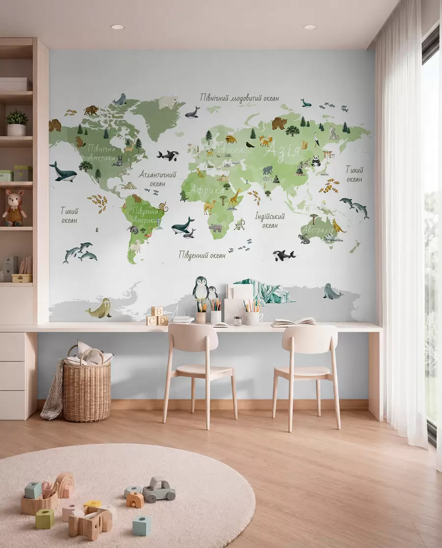 wall murals Зелена мапа у акварелу са животињама, биљкама и архитектуром. Ознаке на украјинском језику. c00009ukv2