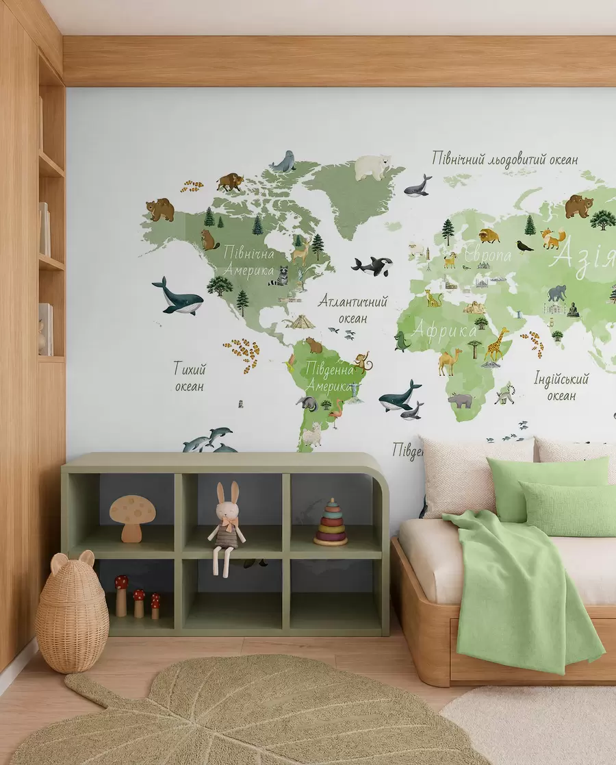 wall murals Зелена мапа у акварелу са животињама, биљкама и архитектуром. Ознаке на украјинском језику. c00009ukv2