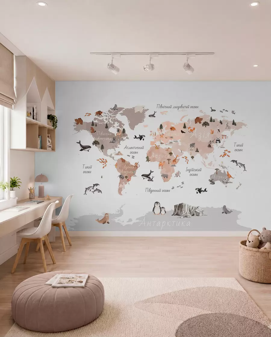 wall murals Беж мапа у акварелу са животињама, биљкама и архитектуром. Ознаке на украјинском језику. c00009ukv3