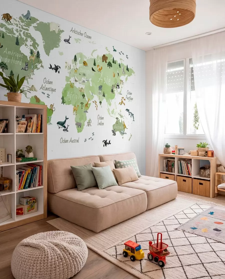 wall murals Зелена мапа у акварелу са животињама, биљкама и архитектуром. Ознаке на француском језику. c00009frv2