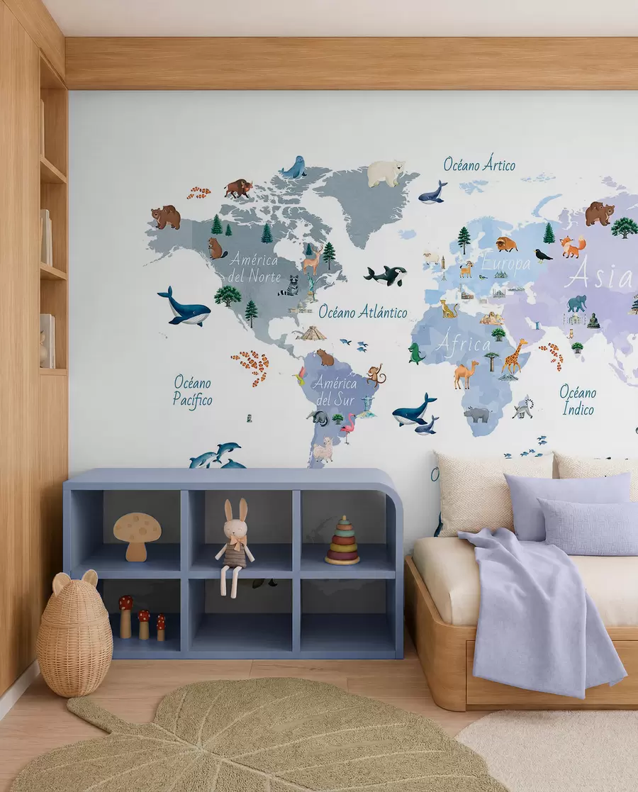 wall murals Плава мапа у акварелу са животињама, биљкама и архитектуром. Ознаке на шпанском. c00009esv1