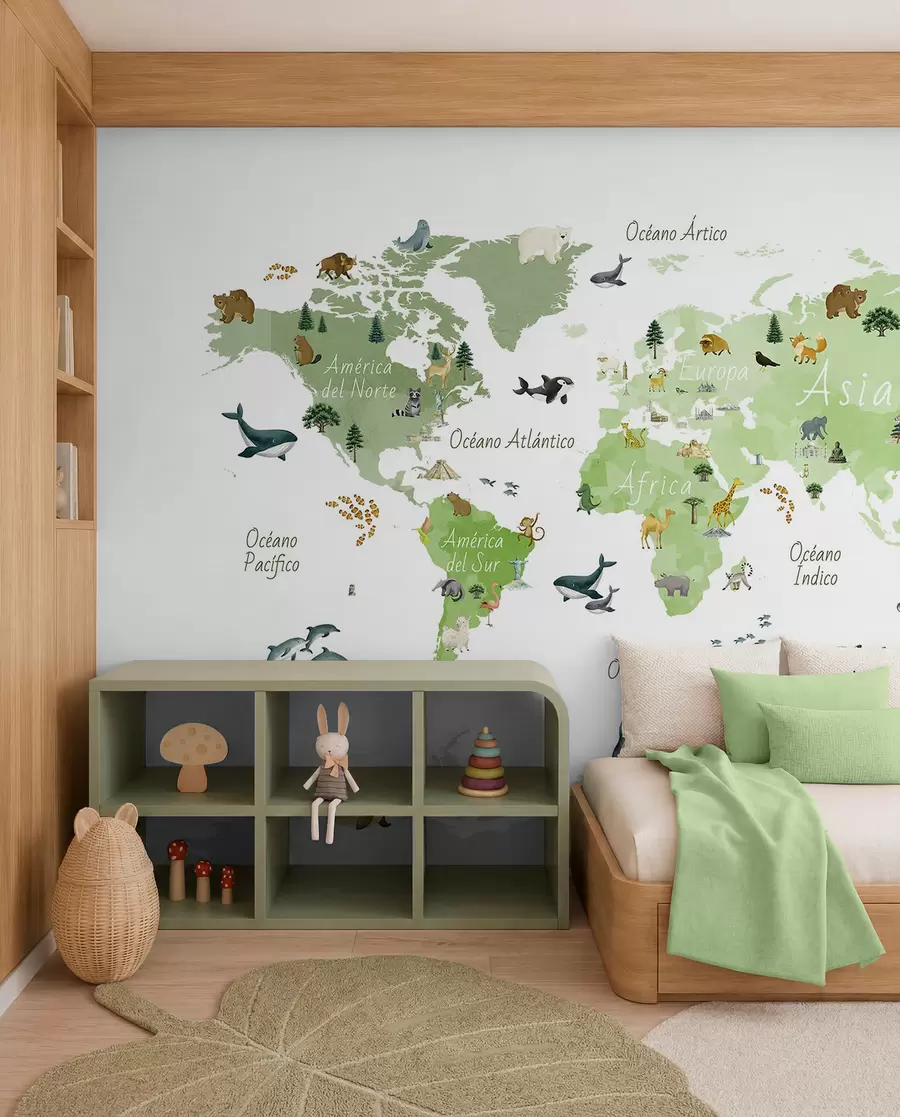 wall murals Зелена мапа у акварелу са животињама, биљкама и архитектуром. Ознаке на шпанском. c00009esv2