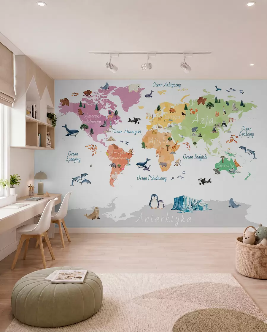 wall murals Мапа у боји у акварелу са животињама, биљкама и архитектуром. Ознаке на пољском језику. c00009pl