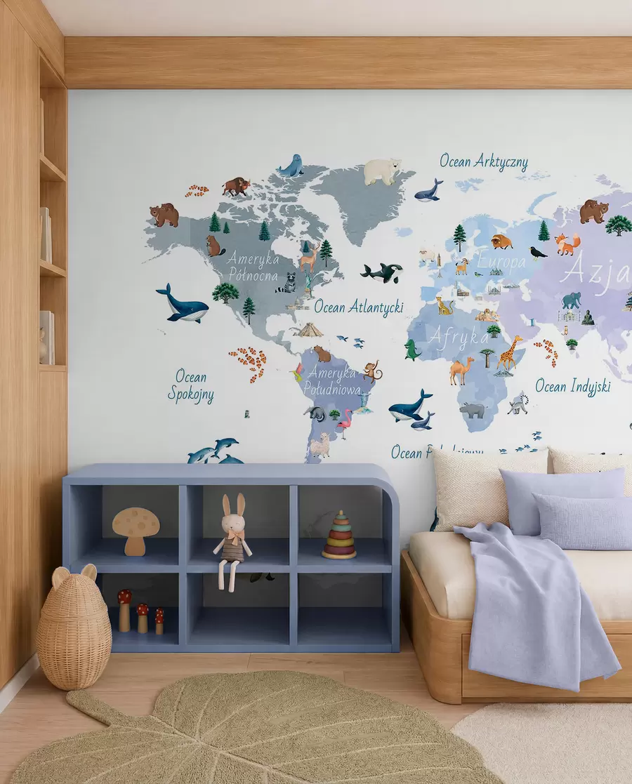 wall murals Плава мапа у акварелу са животињама, биљкама и архитектуром. Ознаке на пољском. c00009plv1