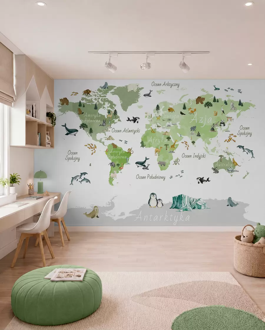 wall murals Зелена мапа у акварелу са животињама, биљкама и архитектуром. Ознаке на пољском језику. c00009plv2