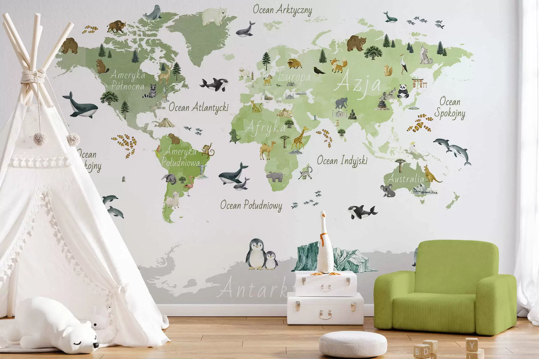 wall murals Зелена мапа у акварелу са животињама, биљкама и архитектуром. Ознаке на пољском језику. c00009plv2