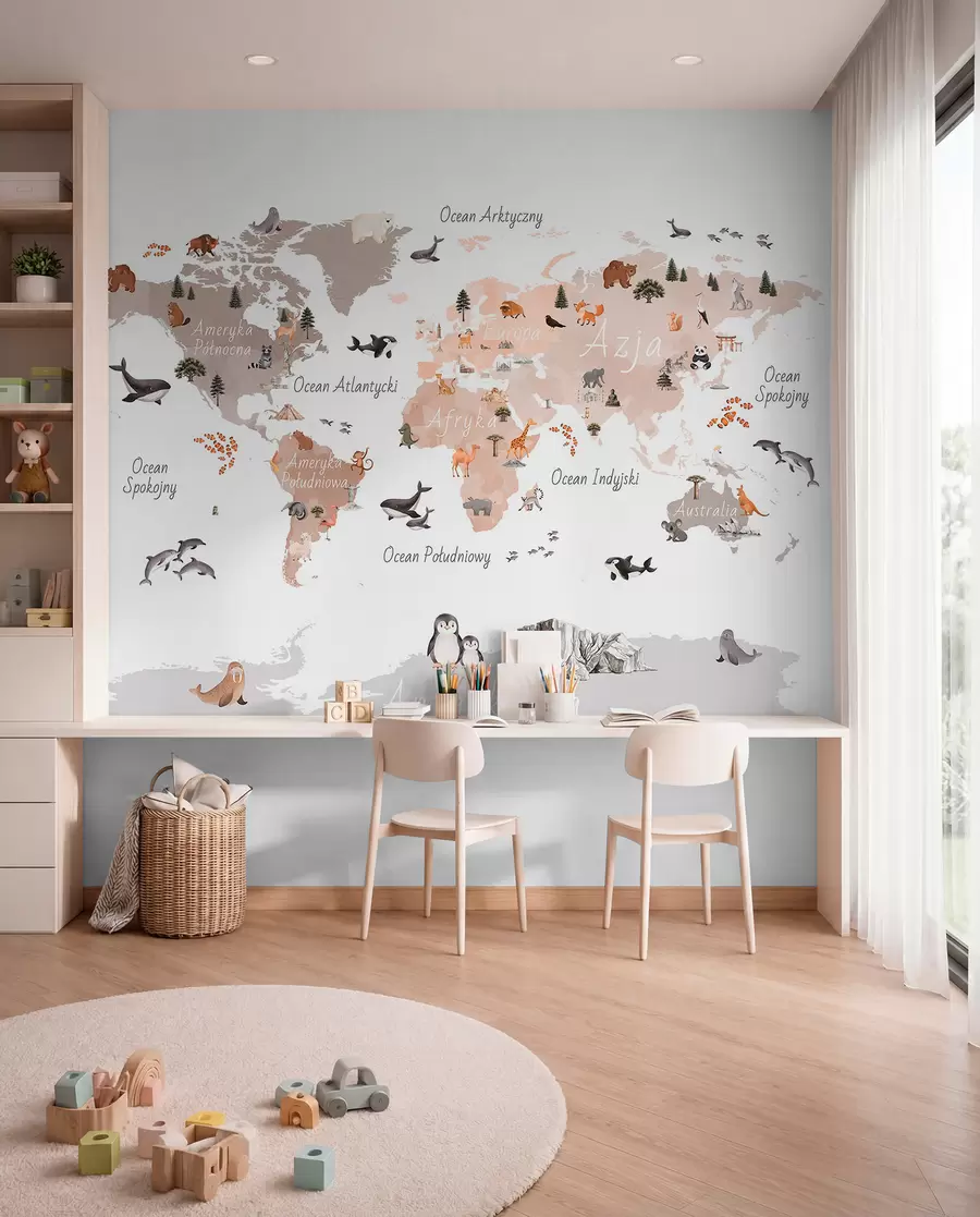 wall murals Беж мапа у акварелу са животињама, биљкама и архитектуром. Ознаке на пољском. c00009plv3