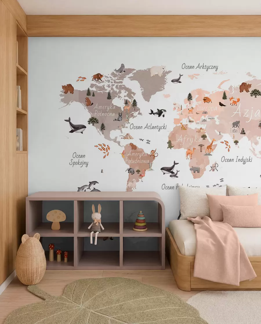 wall murals Беж мапа у акварелу са животињама, биљкама и архитектуром. Ознаке на пољском. c00009plv3