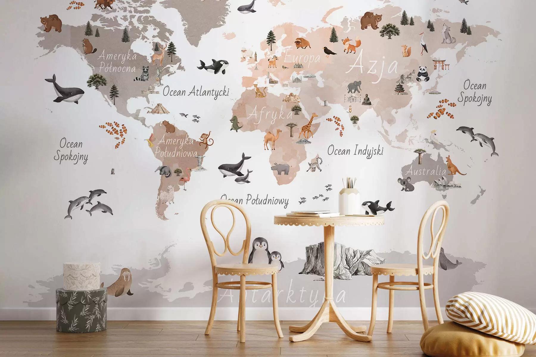 wall murals Беж мапа у акварелу са животињама, биљкама и архитектуром. Ознаке на пољском. c00009plv3