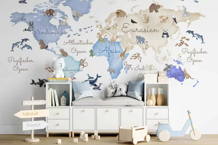 wall murals Плава мапа у акварелу са животињама. Ознаке на немачком језику. c00012dev1