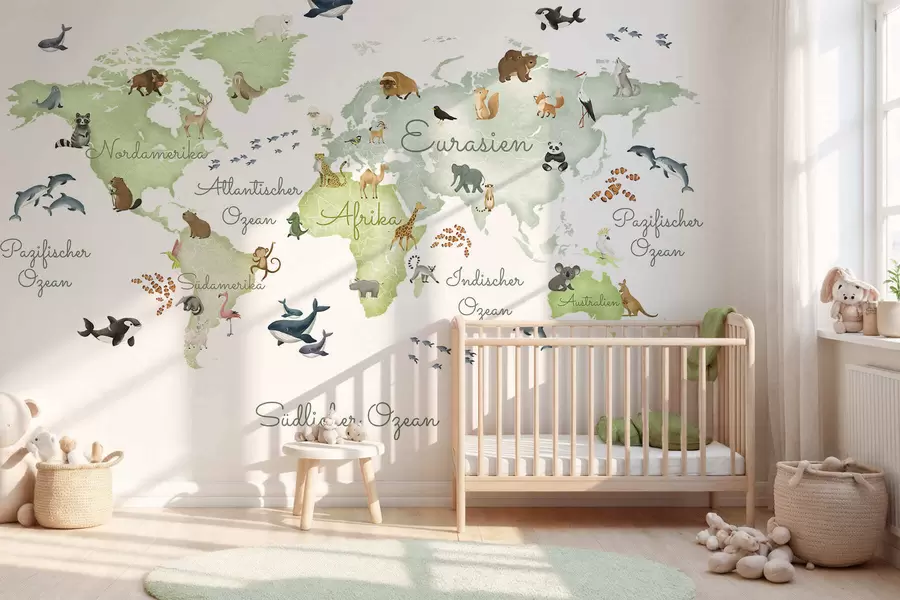 wall murals Зелена мапа у акварелу са животињама. Ознаке на немачком језику. c00012dev2