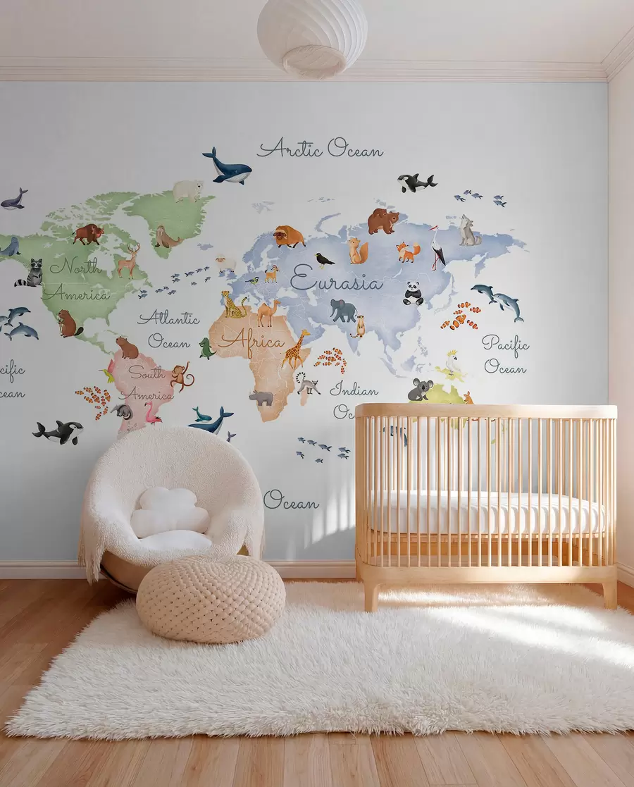 wall murals Мапа у боји у акварелу са животињама. Ознаке на енглеском језику. c00012en