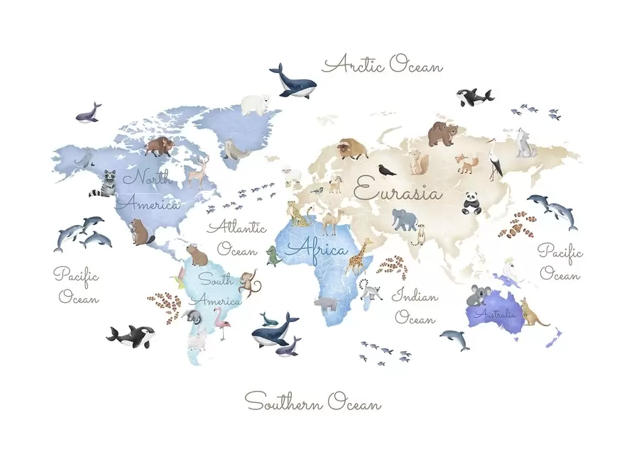 wall murals Плава мапа у акварелу са животињама. Ознаке на енглеском језику. c00012env1