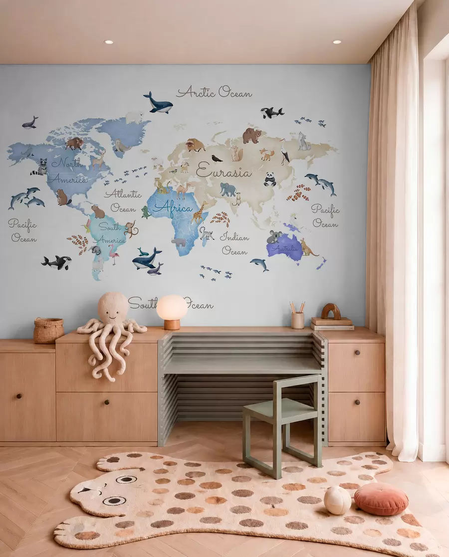 wall murals Плава мапа у акварелу са животињама. Ознаке на енглеском језику. c00012env1